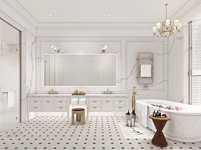 Elegant Bathroom Interior Design With White Marble Walls Double Vanity Chandelier and Bathtub 3d model