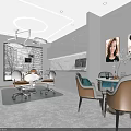 Modern Light Luxury Interior With Dining Office Space Tables Chairs Decorative Paintings And Chandeliers