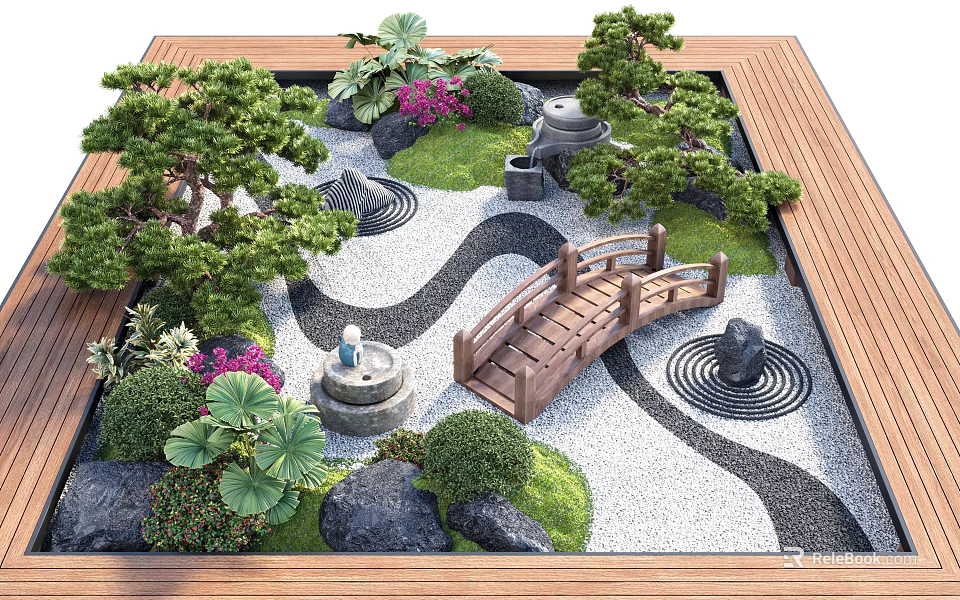 Japanese Zen Garden Design With Wooden Bridge Gravel Waves And Lush Plants 3d model 
