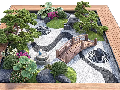 Japanese Zen Garden Design With Wooden Bridge Gravel Waves And Lush Plants 3d model