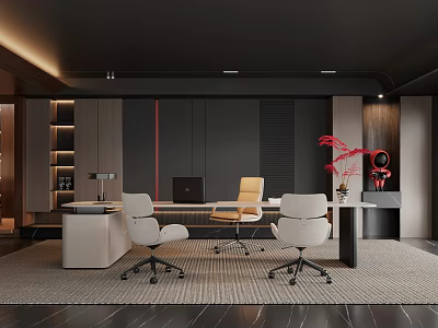 Modern Office Interior Design With Neutral Tones Desk Chairs Computer Red Flowers And Lighting Strips 3d model