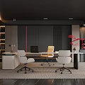Modern Office Interior Design With Neutral Tones Desk Chairs Computer Red Flowers And Lighting Strips
