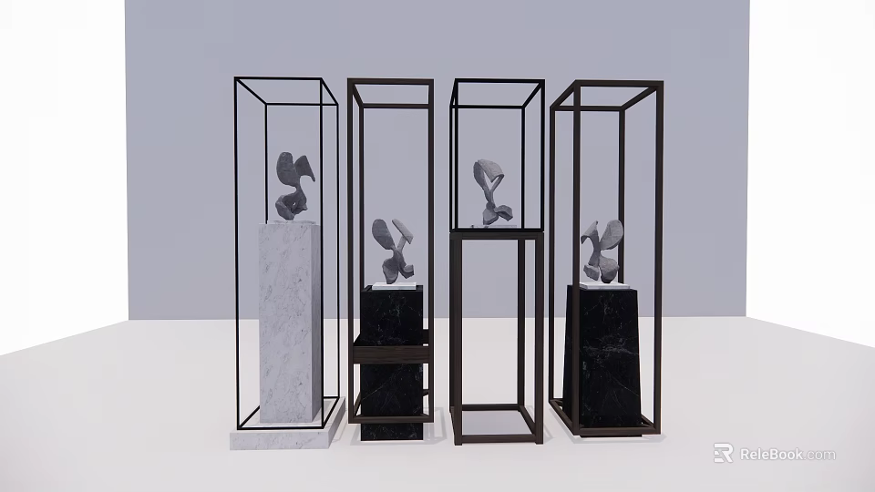 Modern Sculpture Carving Display In Glass Cases With Marble Black Bases And Artistic Statues 3d model 