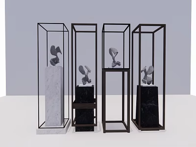 Modern Sculpture Carving Display In Glass Cases With Marble Black Bases And Artistic Statues 3d model