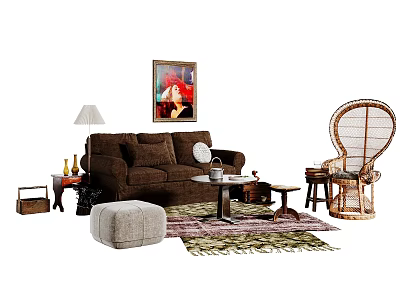 Cozy Sofa Set With Rattan Chair Gray Ottoman Coffee Table Rug Lamp And Wall Painting 3d model