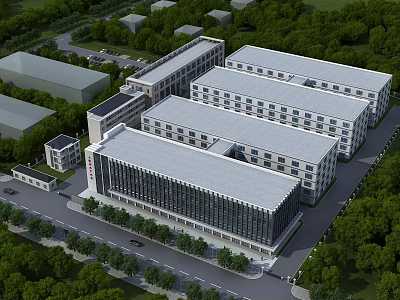 Modern Industrial Factory Complex With Multiple Buildings Flat Roofs And Surrounding Trees 3d model