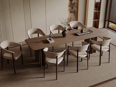 Modern Wooden Dining Table Set With Light Colored Chairs And Vase Centerpiece In Minimalist Room 3d model