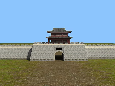 Ancient Architecture Featuring Traditional City Gate Tower And Arched Gateway On Grassland Under Blue Sky 3d model