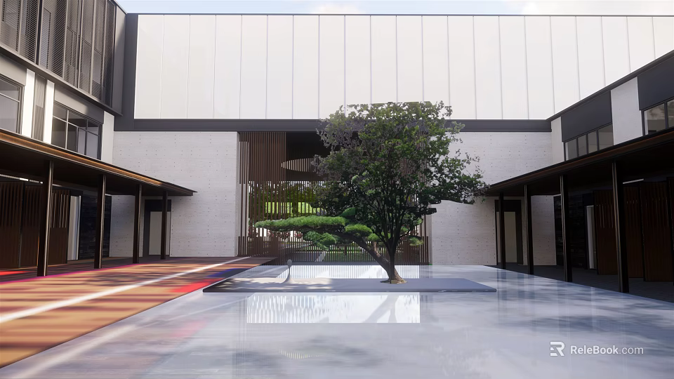 Modern Garden Landscape With Central Tree Reflective Pool And Building Facade 3d model 
