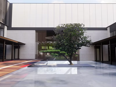 Modern Garden Landscape With Central Tree Reflective Pool And Building Facade 3d model