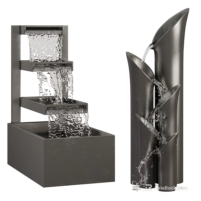 Modern Garden Water Features With Tiered And Leaf Shaped Decorative Designs 3d model 