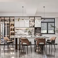 Modern Living Dining Room Interior With Open Layout Dining Table Chairs And Pendant Lights 3d model