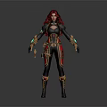 Game Movie Character with Red Hair Black Outfit Gold Red Accents Green Glowing Combat Gear