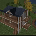 Two Story Wooden House Exterior With Balcony Dark Roof And Green Lawn