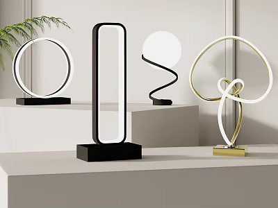 Modern Minimalist Table Lamps with Various Geometric Shapes and Black Gold Bases on White Countertop 3d model