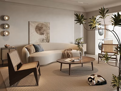 Modern Cream Curved Sofa And Wooden Coffee Table Combination For Cozy Minimalist Neutral Living Room 3d model