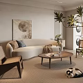 Modern Cream Curved Sofa And Wooden Coffee Table Combination For Cozy Minimalist Neutral Living Room