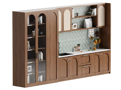 Modern Wooden Wine Cabinet With Glass Doors Storage Shelves And Countertop Design 3d model