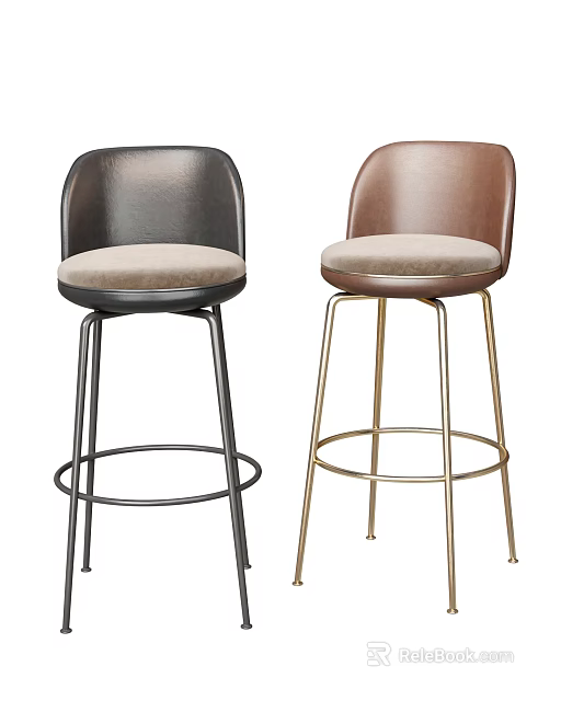 Modern Black and Brown Bar Stools with Beige Padded Seats and Metal Legs 3d model 