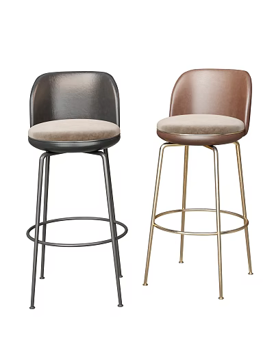 Modern Black and Brown Bar Stools with Beige Padded Seats and Metal Legs 3d model