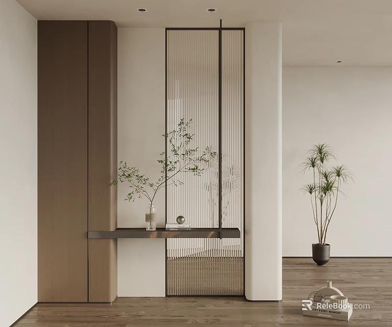 Modern Interior Design With Wooden Cabinet Glass Partition Small Shelf And Green Plants 3d model 