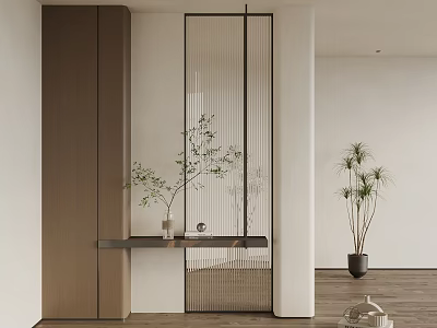 Modern Interior Design With Wooden Cabinet Glass Partition Small Shelf And Green Plants 3d model