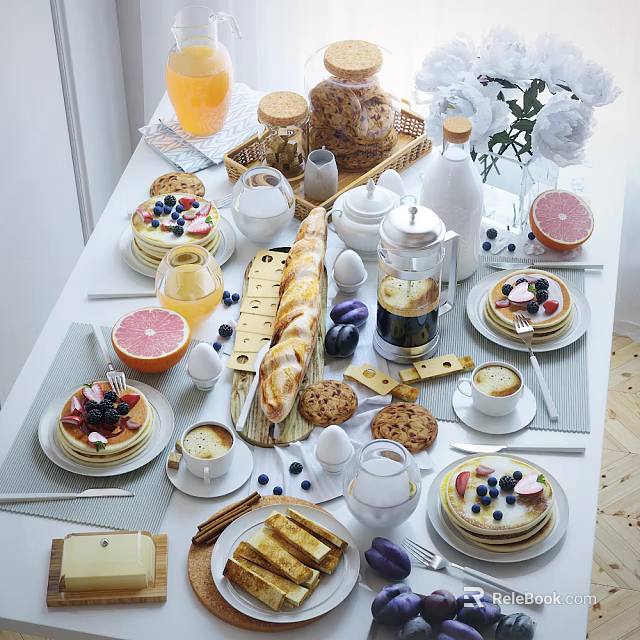 Fresh Morning Breakfast Spread With Pancakes Berries Croissants Toast Coffee And Orange Juice 3d model 