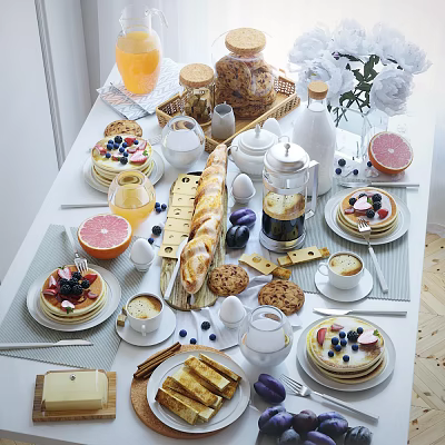Fresh Morning Breakfast Spread With Pancakes Berries Croissants Toast Coffee And Orange Juice 3d model