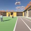 Outdoor Basketball Court With Blue Surface Green Area And Kids Playing Near Yellow Buildings