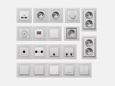 Various Types Of Electrical Switch Panels With Sockets And Buttons In White Design 3d model