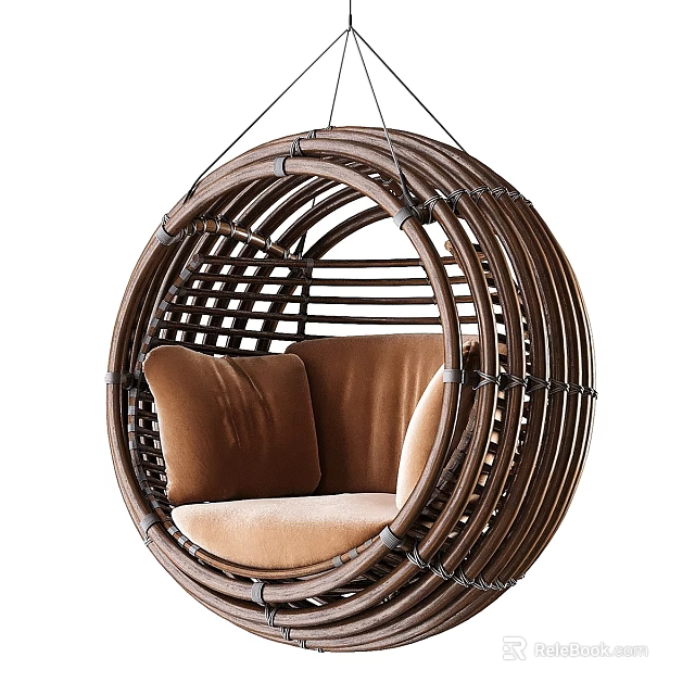Hanging Rattan Round Two-Seater Sofa With Brown Cushions And Cozy Seats 3d model 