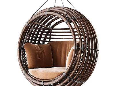 Hanging Rattan Round Two-Seater Sofa With Brown Cushions And Cozy Seats 3d model
