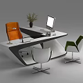 Modern Office Desk With White Surface Three Chairs Computer Monitor Potted Plant And Lamp