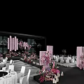 Elegant Banquet Hall With Pink Floral Aisle Decoration Drapes And Chandeliers For Wedding Event