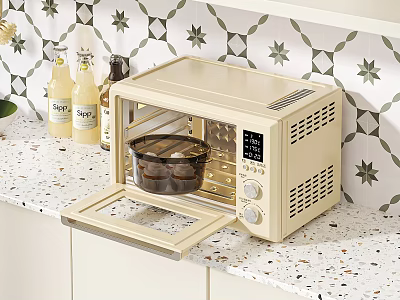 Beige Microwave Oven With Open Door And Baking Tray On Spotted Kitchen Countertop 3d model
