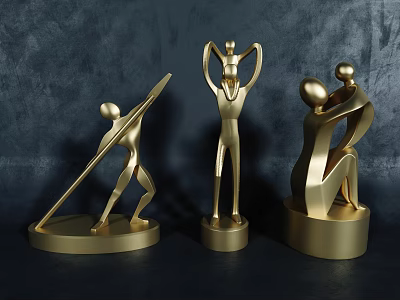 Golden Modern Metal Sculptures Featuring Abstract Human Throwing Holding And Embracing Figures 3d model