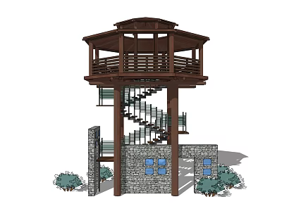 Octagonal Wooden Tower Design With Spiral Staircase Stone Wall Windows And Bushes 3d model
