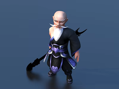 Game and Movie Character With Bald Head White Beard Black Purple Outfit And Staff 3d model