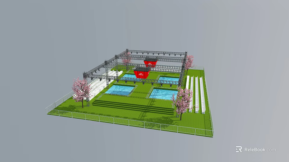 Outdoor Venue With Green Lawn Blue Pools Red Structures Pink Flowering Trees And White Fences 3d model 