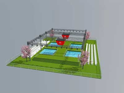 Outdoor Venue With Green Lawn Blue Pools Red Structures Pink Flowering Trees And White Fences 3d model