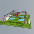 Outdoor Venue With Green Lawn Blue Pools Red Structures Pink Flowering Trees And White Fences