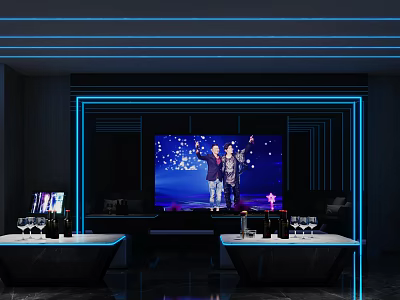 KTV Interior With Neon Lights Large Screen Singing People And Tables With Wine Glasses 3d model