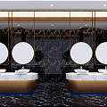 Modern Hotel Bathroom With Circular Mirrors Marble Countertop Green Plant Wall And Blue Lighting