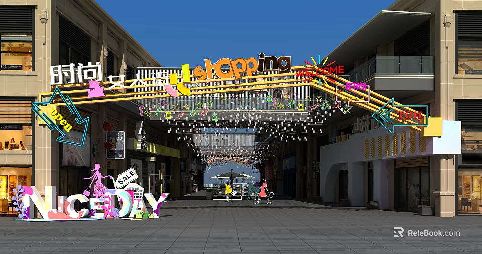 Vibrant Shopping Street With Colorful Arch Decorations Neon Signs Bright Lights And Pedestrians 3d model 