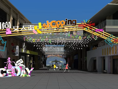 Vibrant Shopping Street With Colorful Arch Decorations Neon Signs Bright Lights And Pedestrians 3d model