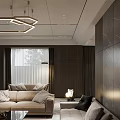 Elegant Modern Open Concept Living And Dining Room With Chandelier Sofa Marble Wall Piano TV