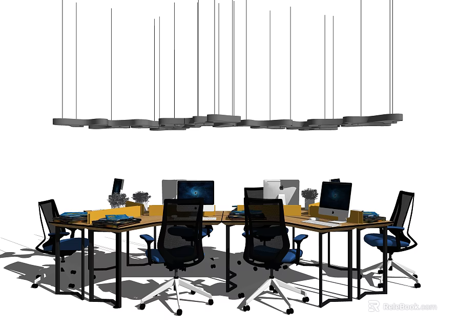 Modern Office Desk Workspace With Ergonomic Chairs Computers And Hanging Lights 3d model 