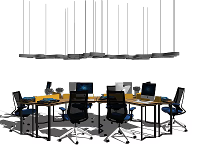 Modern Office Desk Workspace With Ergonomic Chairs Computers And Hanging Lights 3d model