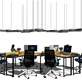 Modern Office Desk Workspace With Ergonomic Chairs Computers And Hanging Lights