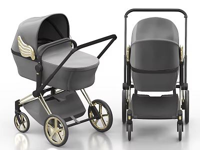 Gray Baby Stroller With Gold Accents And Wing Design For Modern Parents 3d model